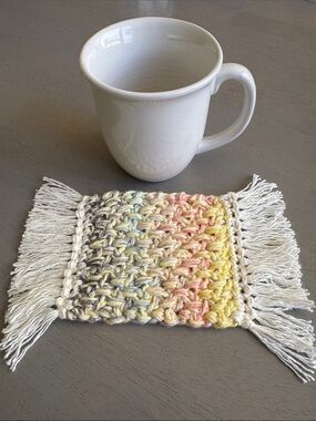 Crochet Mug Rug Coaster with Fringe 100% Cotton - Great Gift - Handmade by me!